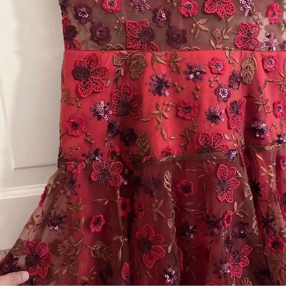 Bronx and Banco Della Rouge Mini Dress Red Floral Sheer Embellished Sz Medium 6 - Picture 10 of 12